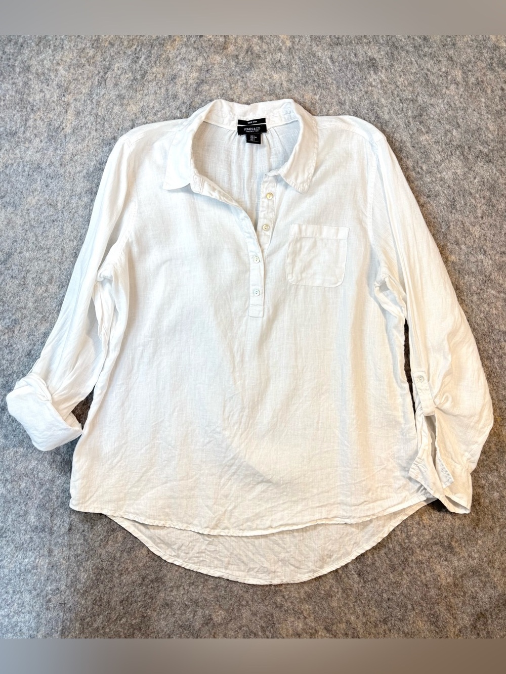 Jones & Co New York White Quarter Button-Down Linen Shirt Blouse Top Coastal